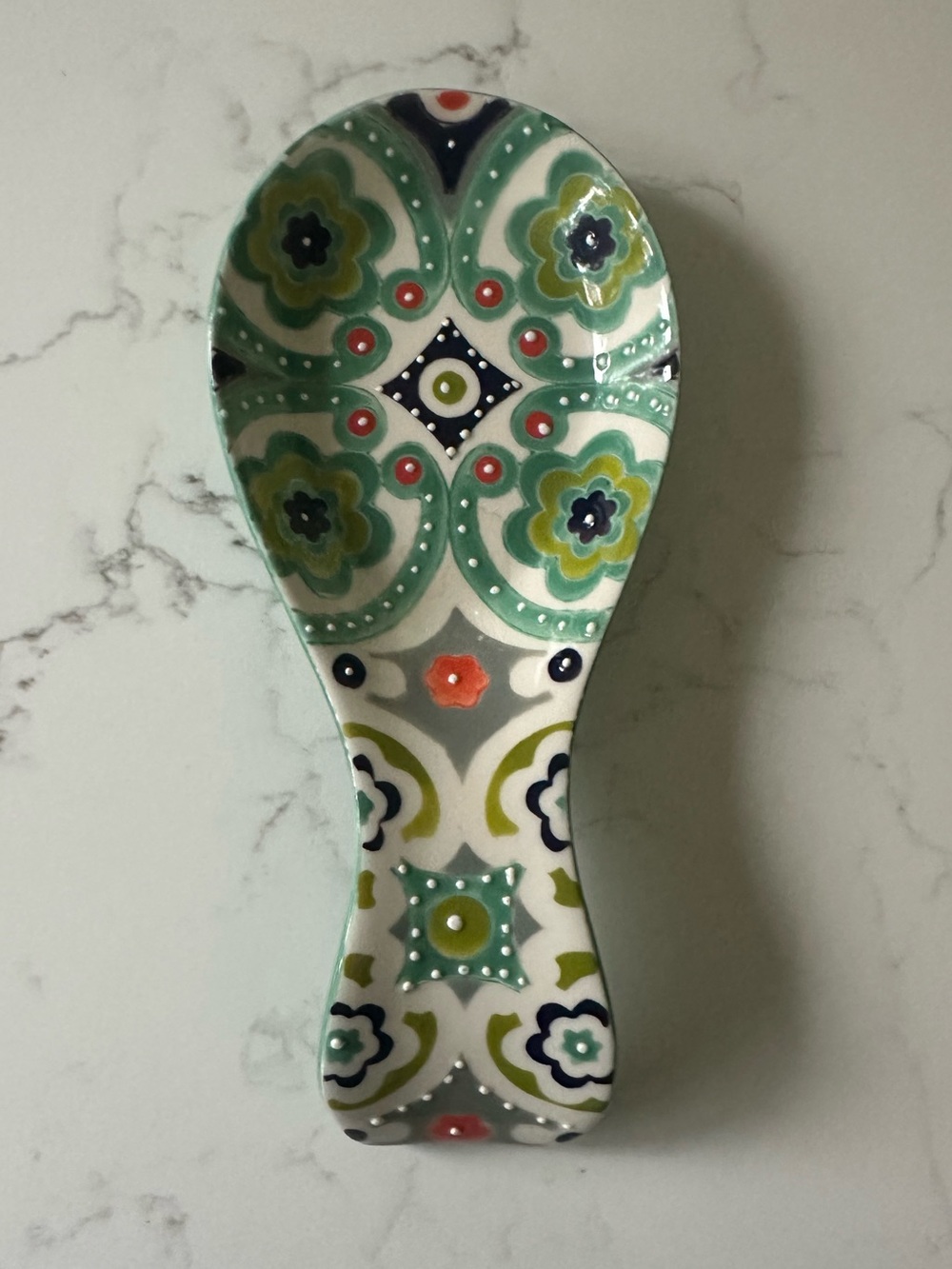 Ceramic Spoon Rest in Green Floral Pattern